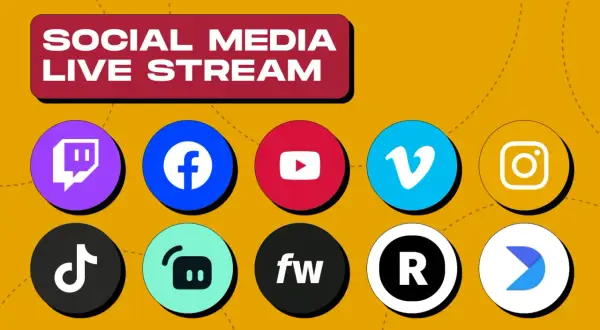 Social media live stream logos, including Twitch and its alternatives like Facebook, YouTube, TikTok, and others.