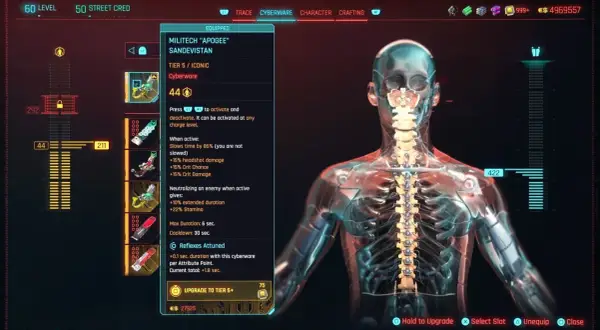 Cyberpunk 2077: ikoniczny Sandevistan Militech "Apogee" spowalnia czas, zwiększa obrażenia krytyczne i szansę na trafienie krytyczne. Potężne cyberwskaźniki, jak te legendarne bronie, zmieniają rozgrywkę.