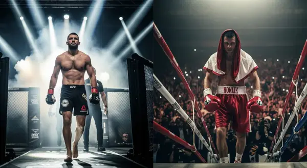 Two boxers enter the ring. The frequency of how often boxers spar varies greatly depending on their training phase.