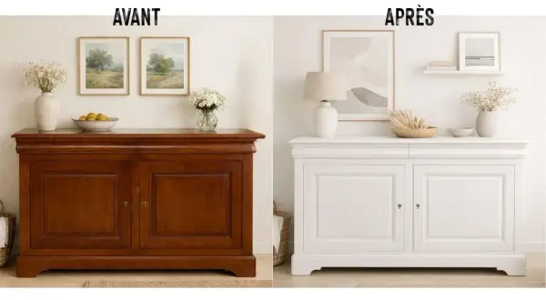 Avant/après : un meuble Louis Philippe brun transformé en blanc lumineux. Quelle couleur avec meuble Louis Philippe ? Le blanc apporte légèreté et modernité.