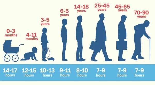 Sleep needs change with age, from infants needing 14-17 hours to seniors needing 7-9. Is 6 hours of sleep enough? This graphic shows it's not for most ages.