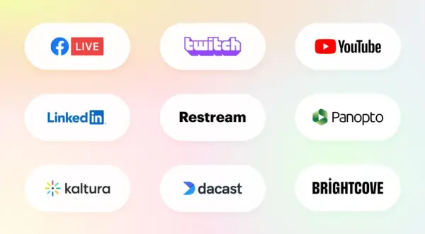 Logos of platforms like Facebook Live, Twitch, YouTube, LinkedIn, Restream, Panopto, Kaltura, Dacast, and Brightcove, helping you decide which platform is best for live streaming.
