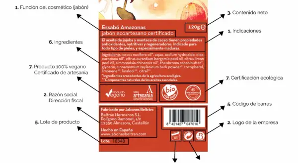 El jabón ecoartesano certificado Essabó Amazonas está hecho de aceite de jojoba y manteca de cacao, con ingredientes naturales y ecológicos.