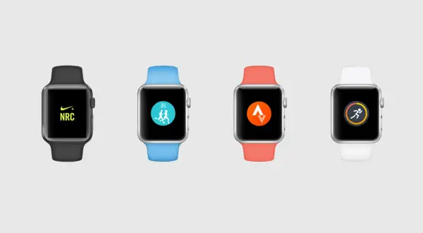 Quatre Apple Watch avec des bracelets de couleurs différentes affichent des icônes d'applications de running.