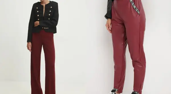 Dwie stylizacje z bordowymi spodniami: eleganckie z marynarką i sportowe z sneakersami.