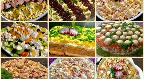 Kompilacja różnych sałatek: sałatka z sałaty z jajkiem i kukurydzą, warstwowa sałatka z buraków, sałatka z makaronem, sałatka z kurczakiem, tortellini, grzybami i warzywami.