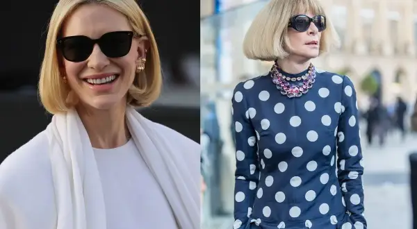 Cate Blanchett i Anna Wintour w stylowych fryzurach french bob. Jedna w bieli, druga w grochy.