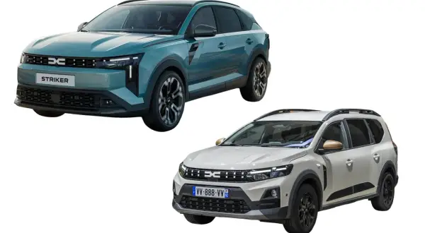 Dwa nowe modele Dacii: zielony z napisem "STRIKER" i jasnoszary z tablicą "VV-888-VV". Wiele osób szuka dacia jogger opinie, te auta mogą je zainteresować.