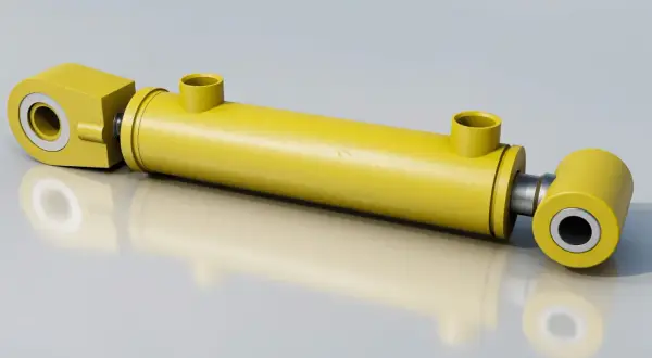 Żółty siłownik hydrauliczny jednostronnego działania z dwoma króćcami.