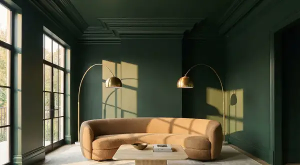 Elegant crown molding ideas enhance this dark green room, framing large windows and adding depth to the ceiling.