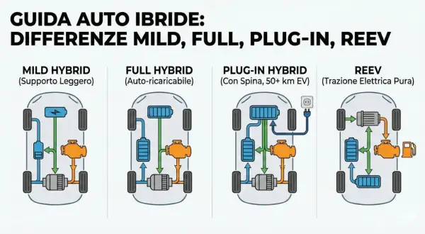 Schema che illustra le differenze tra auto ibride: Mild, Full Hybrid (auto-ricaricabile), Plug-in Hybrid e REEV.