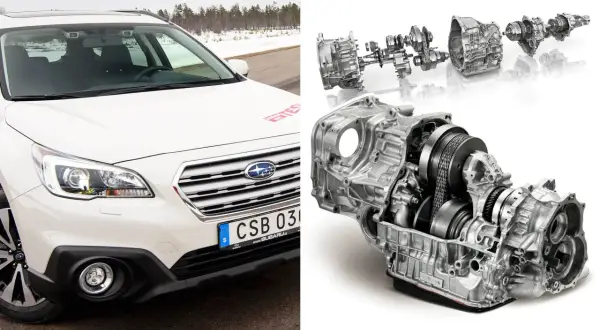 Vit Subaru Outback med en genomskuren automatlåda. Kanske ett Subaru Outback problem med transmissionen?