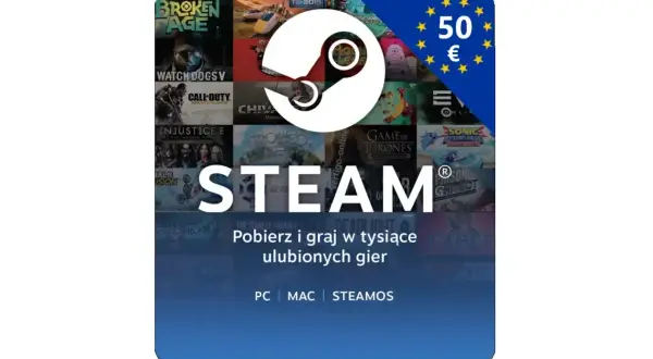 Karta podarunkowa Steam 50€ z logiem Steam i grafikami gier. Idealna dla graczy, jak karta Steam Żabka.