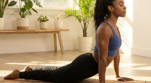 Frau in der Cobra-Pose (Bhujangasana) beim hata yoga. Sonnenschein beleuchtet den Raum, Pflanzen im Hintergrund.