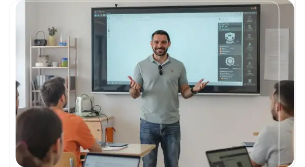 Profesor de tecnología explicando en clase, preparándose para las oposiciones.