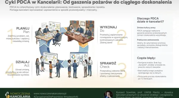 Cykl PDCA w kancelarii: planuj, wykonaj, sprawdź, działaj. Ilustracja przedstawia zespół pracujący nad usprawnieniem procesów.