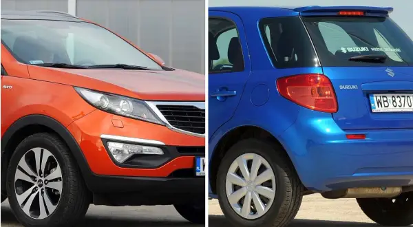 Pomarańczowy Kia Sportage i niebieski Suzuki SX4. Które z nich to najmniej awaryjne auta?