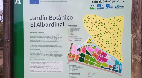 Mapa del jardín botánico El Albardinal en Cabo de Gata-Níjar, Almería. Muestra senderos, zonas de vegetación y jardines.