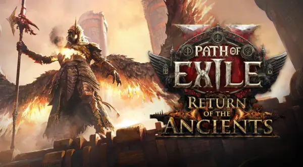 Postać w zbroi z płonącymi skrzydłami trzyma włócznię, obok logo Path of Exile: Return of the Ancients.