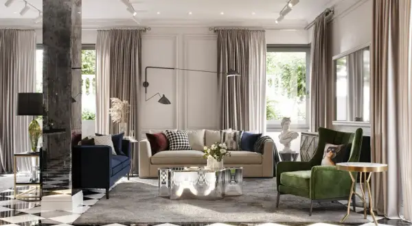 Elegancki salon w stylu nowojorskim, modern classic. Granatowa sofa, zielony fotel, lustrzany stolik kawowy i szachownica na podłodze.
