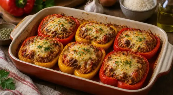 Six poivrons au four, garnis de viande et de riz, recouverts de fromage fondu et de persil.