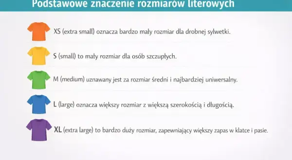 Tabela rozmiarów: XS, S, M, L, a jaki to rozmiar XL? To bardzo duży rozmiar, zapewniający większy zapas w klatce i pasie.