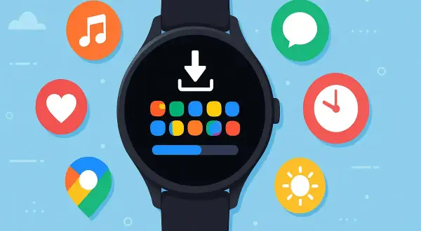 Montre connectée affichant des icônes d'applications, avec un guide visuel pour savoir comment connecter ma montre à mon téléphone.