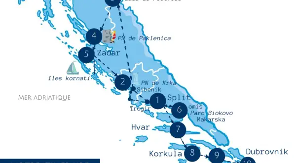 Carte d'un itinéraire de 15 jours pour visiter la Croatie, incluant les lacs de Plitvice, Zadar, Split, Hvar, Korčula et Dubrovnik.