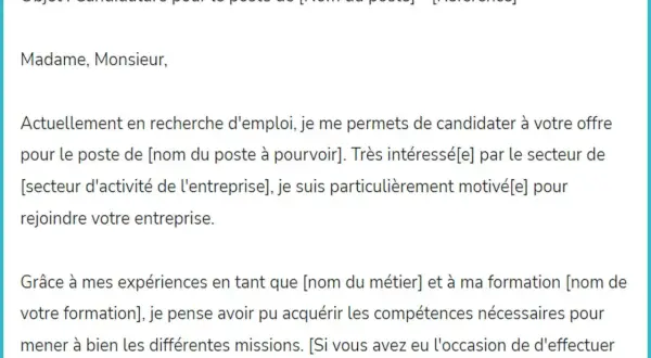 Modèle de lettre pour signaler un problème : une candidature spontanée pour un poste. Le texte est un exemple de lettre de motivation.