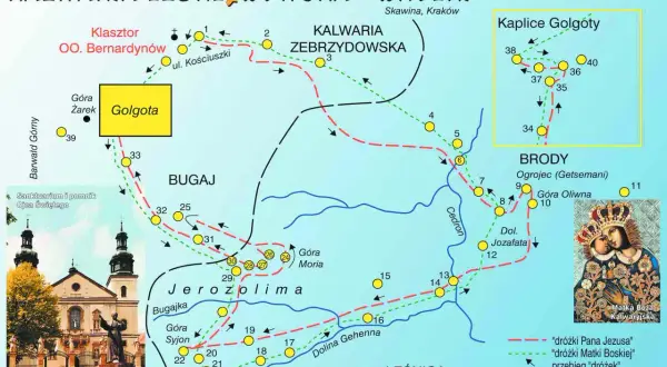 Mapa Kalwaria Zebrzydowska - dróżki. Pokazuje przebieg dróżek Pana Jezusa i Matki Boskiej, kościoły i kaplice.
