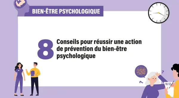 8 conseils pour améliorer le bien-être psychologique. Illustration de personnes discutant et d'un cerveau avec un puzzle.