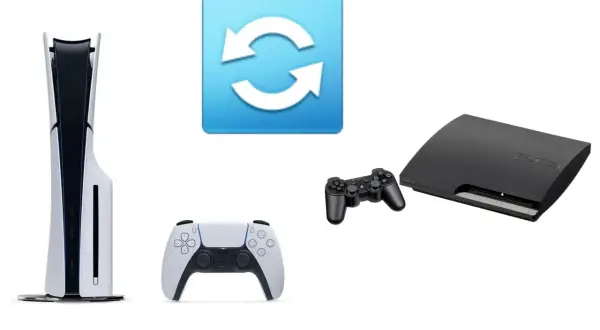 Konsola PS5, kontroler DualSense, kontroler PS3 i ikona synchronizacji. Czy gry z PS3 działają na PS5?