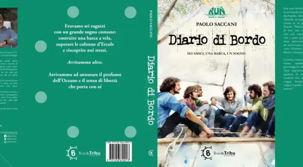 Copertina del libro "Diario di bordo" di Paolo Saccani, con un'illustrazione di sei giovani su una barca a vela.