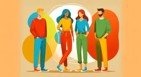 Ilustracja czterech osób o różnych kolorach włosów i ubraniach, stojących na tle kolorowych kół.
