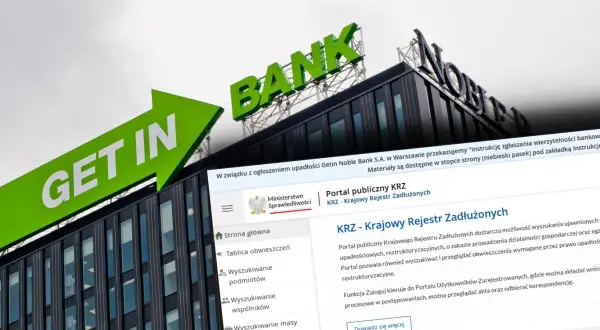 Budynek banku z napisem "BANK" i zielona strzałka "GET IN" symbolizują aferę Getin Bank. Na ekranie widoczny Krajowy Rejestr Zadłużonych.