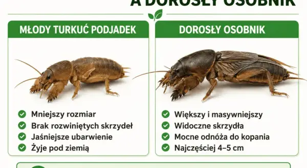 Młody turkuć podjadek, mniejszy i bez skrzydeł, kontrastuje z dorosłym osobnikiem. Larwa turkucia podjadka jest jaśniejsza i żyje pod ziemią.
