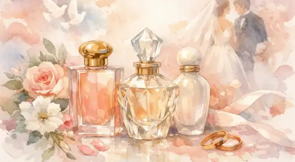 Wodne kolory: bukiet róż, gołąbki, para młoda i flakoniki perfum, w tym Tom Ford Santal Blush, symbolizujące miłość i elegancję.