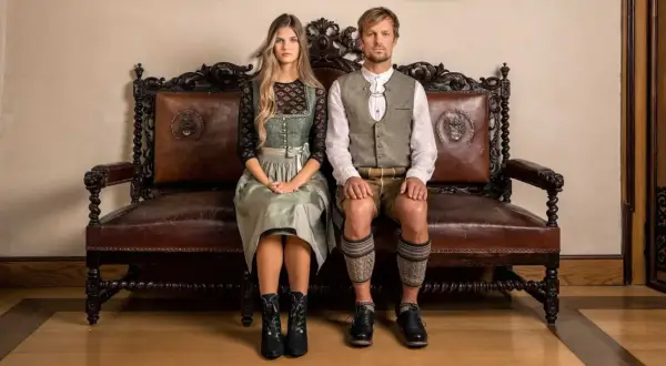 Ein junges Paar sitzt in traditioneller Tracht auf einer antiken Ledercouch. Sie sind bereit, in Tracht zu heiraten und zeigen stolz ihre festliche Kleidung.