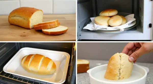 Jak rozmrozić chleb w piekarniku: świeży bochenek, bułki w mikrofalówce, chleb w piekarniku, chleb zanurzony w wodzie.
