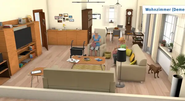 Gemütliches Wohnzimmer (Demenz) mit zwei Frauen, die stricken, einem Hund und einem Rollator.
