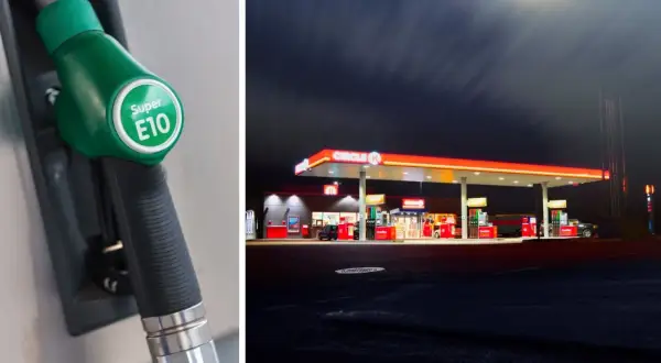 Grön bensinpump med texten Super E10. I bakgrunden en Circle K-mack nattetid.