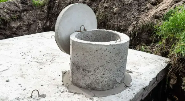 Betonowy zbiornik na deszczówkę, gotowy do montażu. Pytanie, ile od granicy działki można go umieścić, jest kluczowe.