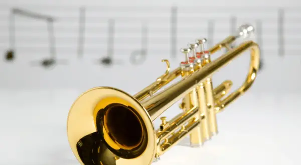 Glänzende Trompete auf Noten. Was ist eine Trompete? Ein Blasinstrument, das Musik macht.