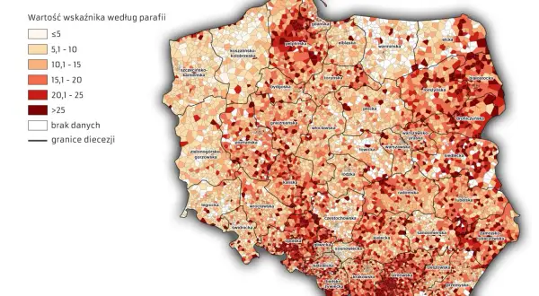 Mapa Polski z zaznaczonymi diecezjami i parafiami, pokazująca rozkład wskaźnika, który może odpowiadać na pytanie, ile jest katolików w Polsce. Ciemniejsze kolory oznaczają wyższe wartości.