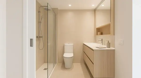 Un elegante cuarto de baño moderno con ducha de cristal, inodoro y mueble de lavabo de madera clara.