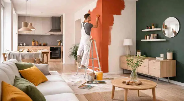 Uomo su scala che inizia a pitturare le pareti di casa con un vivace color arancio.