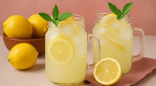 Deux verres de citronnade maison rafraîchissante, garnis de menthe et de rondelles de citron, avec des citrons frais à proximité.