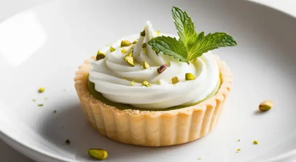 Pyszne tartaletki pistacjowe z kremem i listkiem mięty, posypane posiekanymi pistacjami.