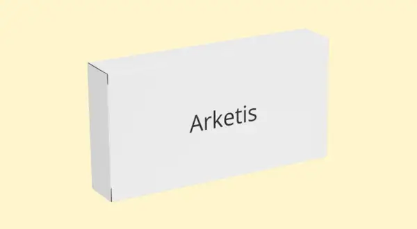 Białe pudełko z napisem "Arketis" na jasnym, żółtym tle.