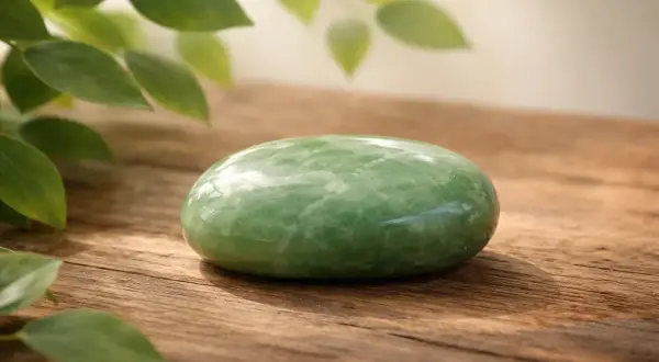 Ein glatter, grüner Jade-Stein liegt auf Holz. Seine Bedeutung liegt in Harmonie und Heilung.